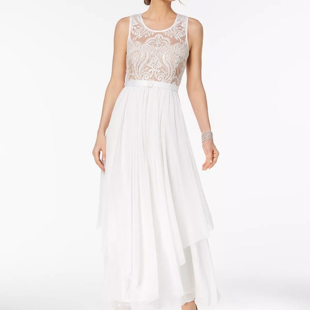 Belted Embroidered Mesh Gown
